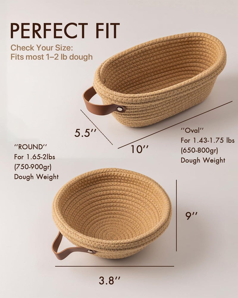 BARoyal Crispier Crust Cotton Rope Banneton Bread Proofing Basket Set, Oval & Round Bread Baskets with Liners & Covers for Artisan Bread Baking, Sourdough Bread Baking Supplies(Brown) - Image 3